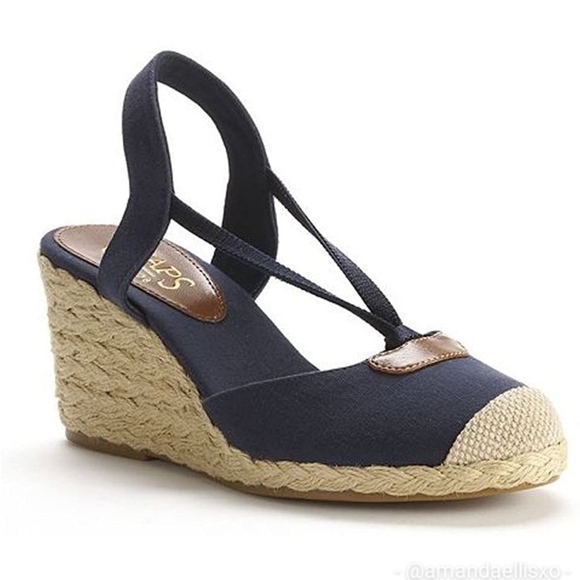 CHAPS Clarissa Chambray Wedge Espadrilles Navy Tan Jute 8.5 - Picture 1 of 11